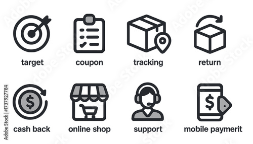 Icons representing e-commerce features such as target audience, coupons, tracking, returns, cash back options, and online shopping