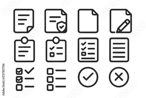 Collection of simple outline icons illustrating various forms and checklists for organization and planning tasks