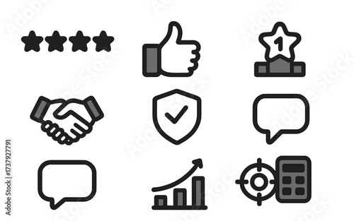 Symbols of feedback and success represented by icons of ratings, approval, and communication