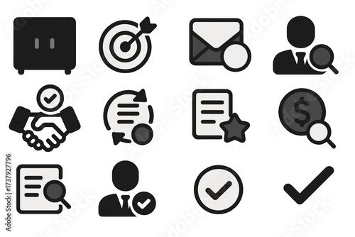 Illustration of business concepts with icons representing communication, collaboration, and evaluation strategies in a modern workspace