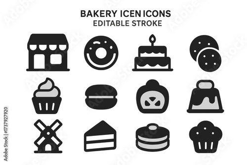 Bakery icons featuring various desserts and pastries in simple black and white design