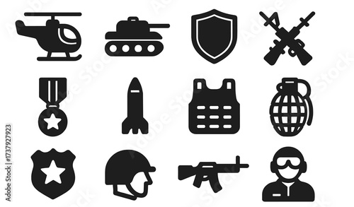 Military icons depicting various equipment and personnel in a clear and simple design