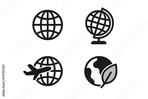Various symbols representing global concepts including travel, geography, and nature