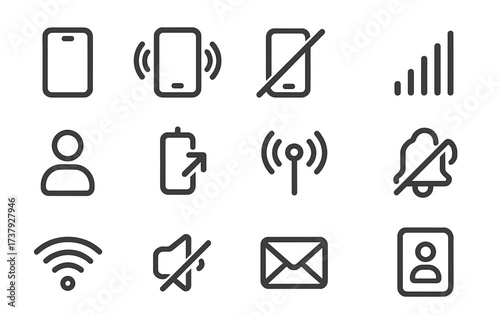Icons representing mobile phone features and notifications in a minimalistic style in a tech layout