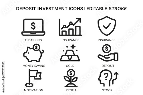 Numerous icons representing deposit investment concepts, e-banking, money saving, and financial growth strategies