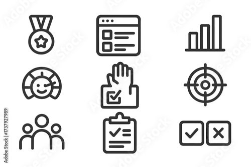 Icons representing various concepts relevant to performance, tracking, and evaluation in a modern digital environment