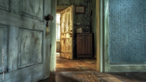 An open door leads to a room with blue walls, ideal for interior design or architecture projects