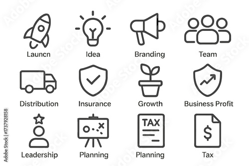 Icons representing business concepts such as launching, branding, and team collaboration in a simple graphic layout