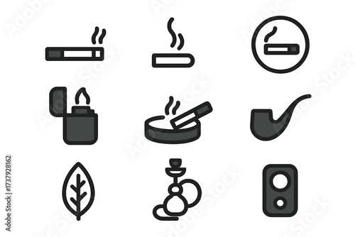 Collection of smoking-related icons featuring various tools and accessories against a simple background