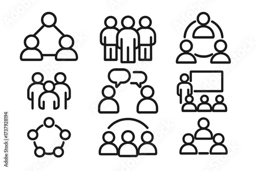 Diverse group interactions displayed through simple line illustrations for collaborative communication and teamwork