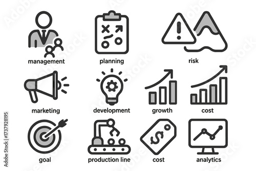 Business planning and management process illustrated through various icons representing different aspects and goals of a company