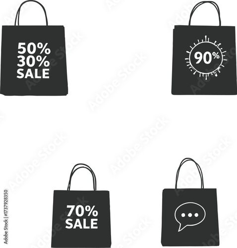 Black shopping bag icon set with bold sale percentages, speech bubble, and promotional graphics for retail marketing