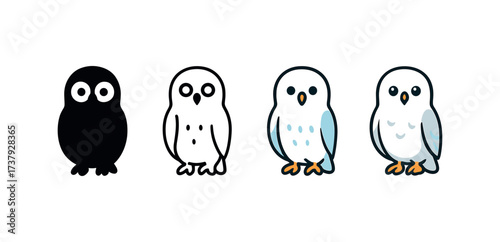 Vector icon snowy owl same pose same proportions four styles black solid glyph outline minimal flat multicolor filled cartoon flat shaded.