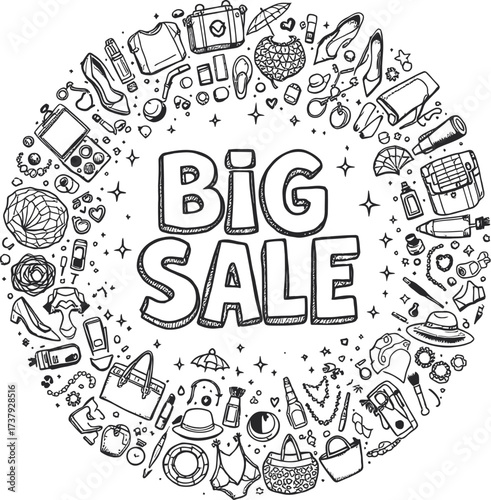 Fashion sale vector with hand-drawn accessories, clothing, shoes, and beauty items surrounding BIG SALE promotional text