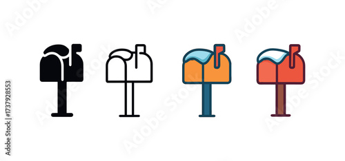 Vector icon snow covered mailbox same pose same proportions four styles black solid glyph outline minimal flat multicolor filled cartoon flat shaded.