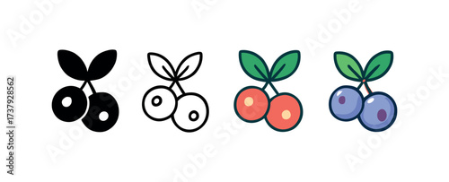 Vector icon frosted berries same pose same proportions four styles black solid glyph outline minimal flat multicolor filled cartoon flat shaded.