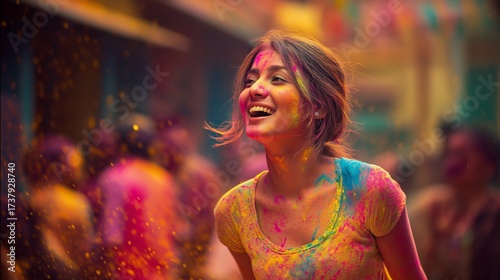 A vibrant, candid shot of an Indian woman laughing and smiling, covered in bright, multi-colored Holi festival powder. She is celebrating in a blurred, crowded street scene