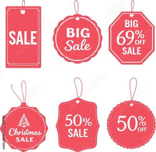 Red sale tag icons set with percentage discounts, Christmas theme, and promotional shapes for retail and holiday marketing