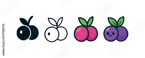 Vector icon berries same pose same proportions four styles black solid glyph outline minimal flat multicolor filled cartoon flat shaded.