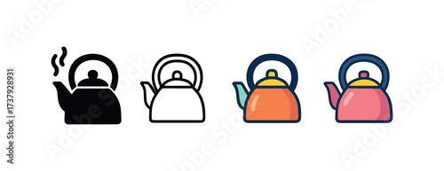 Vector icon steaming kettle same pose same proportions four styles black solid glyph outline minimal flat multicolor filled cartoon flat shaded.