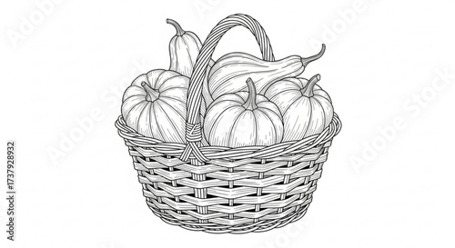 Illustration of a wicker basket filled with pumpkins and squash.