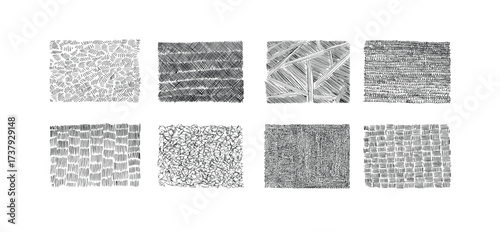 Abstract hand drawn crosshatch texture collection with scribbles swirls and scratch patterns. Crosshatch pattern texture set. Hand drawn pencil line. Vector illustration.