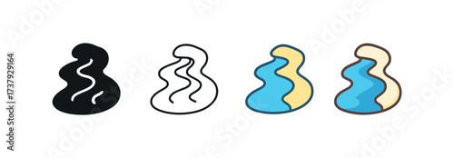 Vector icon river same pose same proportions four styles black solid glyph outline minimal flat multicolor filled cartoon flat shaded.