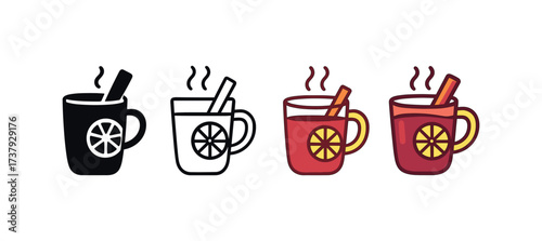 Vector icon hot mulled wine same pose same proportions four styles black solid glyph outline minimal flat multicolor filled cartoon flat shaded.