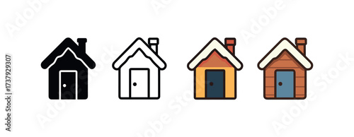 Vector icon winter cabin door same pose same proportions four styles black solid glyph outline minimal flat multicolor filled cartoon flat shaded.