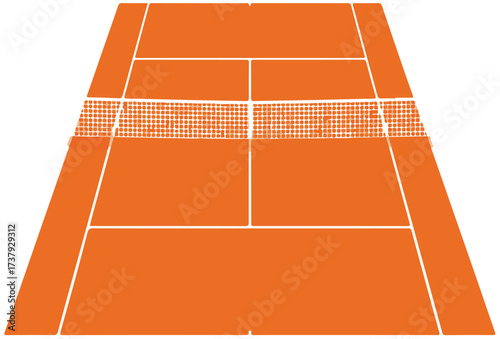 Clay tennis court with net on blue background