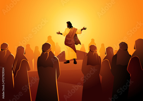 Biblical silhouette illustration series, Jesus Preaching to the Crowd or Sermon on the Mount.
