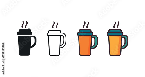 Vector icon thermal mug same pose same proportions four styles black solid glyph outline minimal flat multicolor filled cartoon flat shaded.