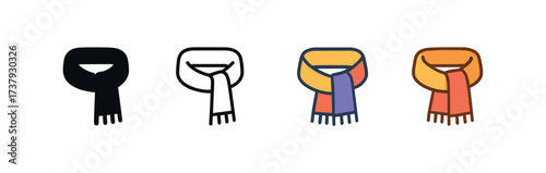 Vector icon wool muffler same pose same proportions four styles black solid glyph outline minimal flat multicolor filled cartoon flat shaded.