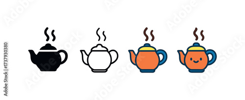 Vector icon steaming pot of tea same pose same proportions four styles black solid glyph outline minimal flat multicolor filled cartoon flat shaded.