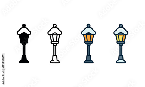 Vector icon snow covered lantern pole same pose same proportions four styles black solid glyph outline minimal flat multicolor filled cartoon flat shaded.