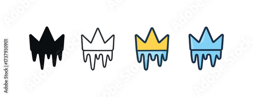 Vector icon frosty icicle crown same pose same proportions four styles black solid glyph outline minimal flat multicolor filled cartoon flat shaded.