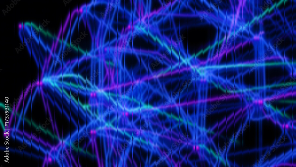 Obraz premium Abstract Neon Light Trails Behind a Vertical Grid on Black Background