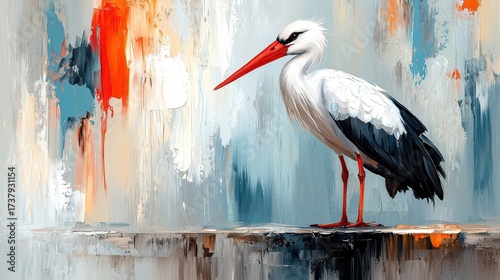 White Stork in Abstract Painted Landscape