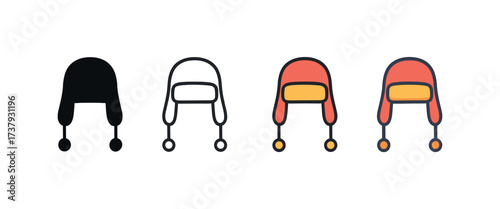 Vector icon wool cap with earflaps same pose same proportions four styles black solid glyph outline minimal flat multicolor filled cartoon flat shaded.