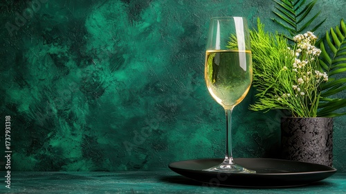 White Wine Glass on Dark Teal Background with Greenery