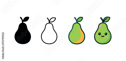 Vector icon pear same pose same proportions four styles black solid glyph outline minimal flat multicolor filled cartoon flat shaded.