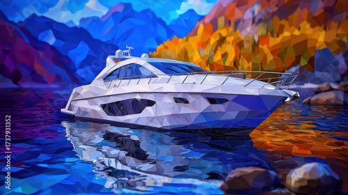 White Yacht on Calm Autumn Lake, Geometric Style