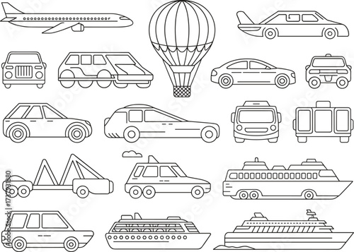 Outline icons of various vehicles and modes of transportation airplane hot air balloon