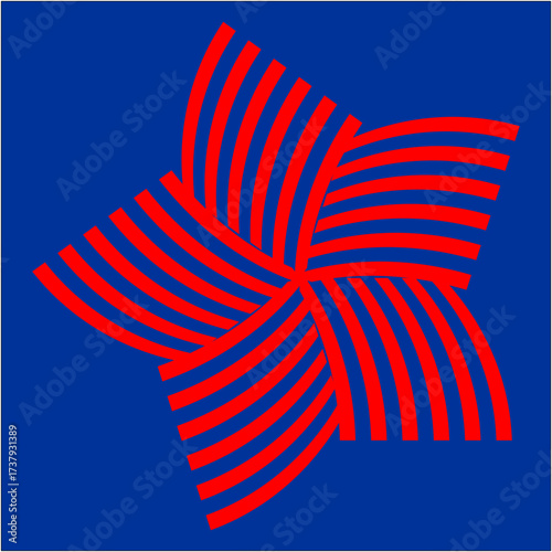 Four radiant red arcs spiral outward on a deep blue canvas, symbolizing strength, energy, rhythm, and the infinite flow of harmony.