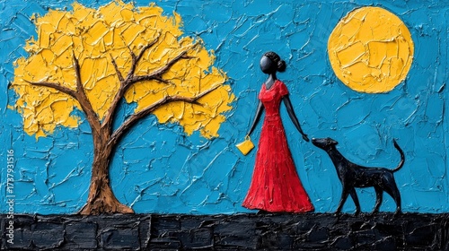 Woman and Dog Walking Under a Yellow Tree at Sunset