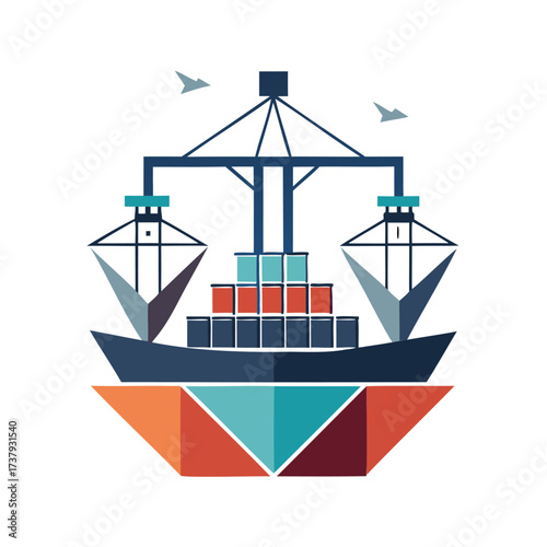 Cargo ship unloading with cranes and geometric base