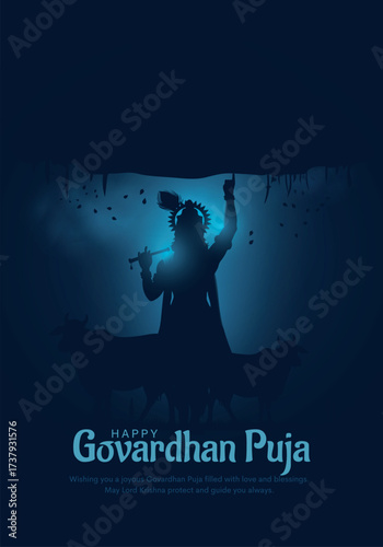 Indian religious festival happy Govardhan Puja Hindu festival Greeting background with Silhouette illustration of Lord Krishna lifting hill.