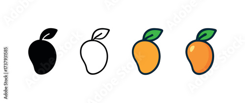 Vector icon mango same pose same proportions four styles black solid glyph outline minimal flat multicolor filled cartoon flat shaded.