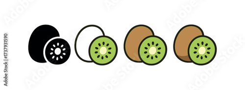 Vector icon kiwi fruit same pose same proportions four styles black solid glyph outline minimal flat multicolor filled cartoon flat shaded.