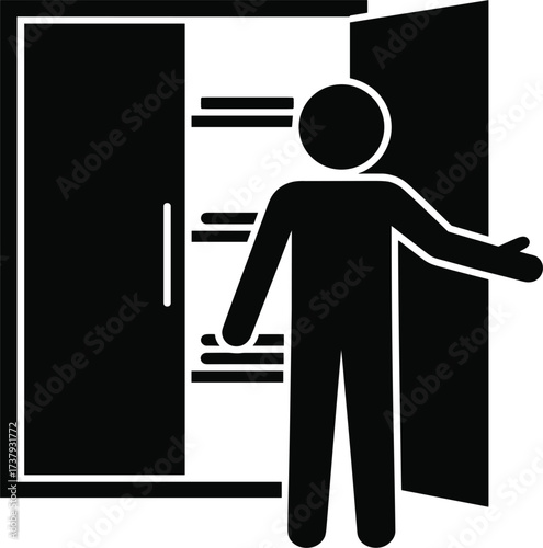Person standing in open doorway of a closet with shelves vector illustration
